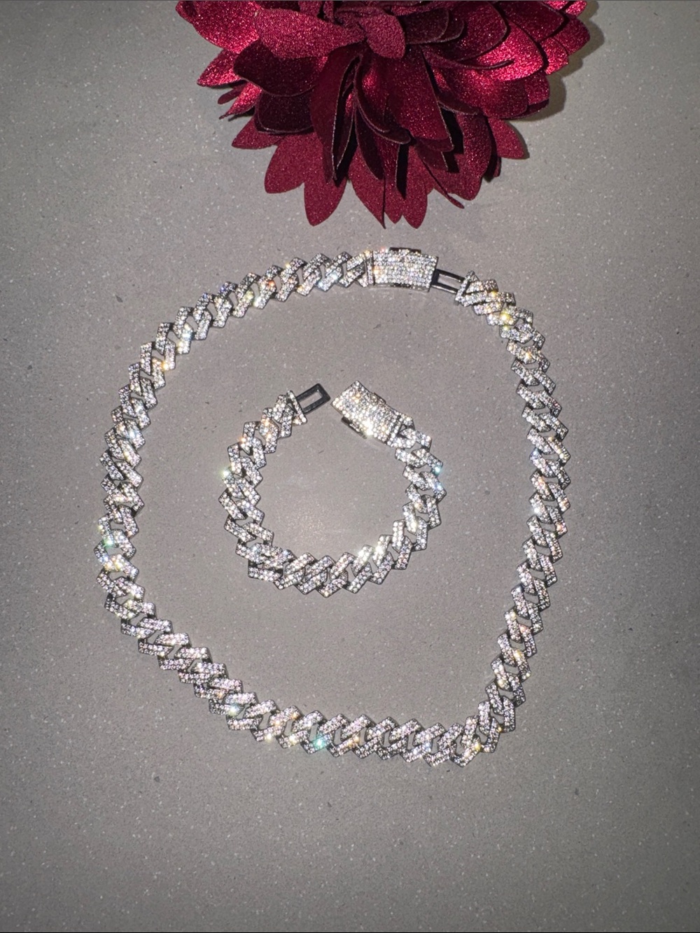Sparkling Silver Cubic Zirconia Cuban Link Necklace 22” & Bracelet 8” Set